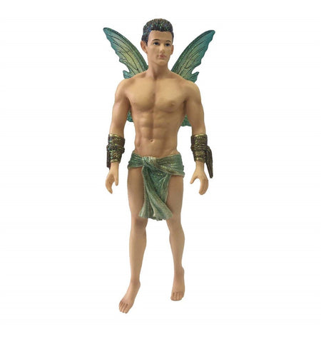 Fairy figurine shaped hanging ornament.  He is standing on tip toes elaborate arm bands on both arms, teal colored scarf around his waist.