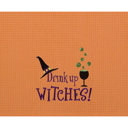 Orange waffle weave kitchen towel "Drink up WITCHES!" bubbling drink and witches hat.