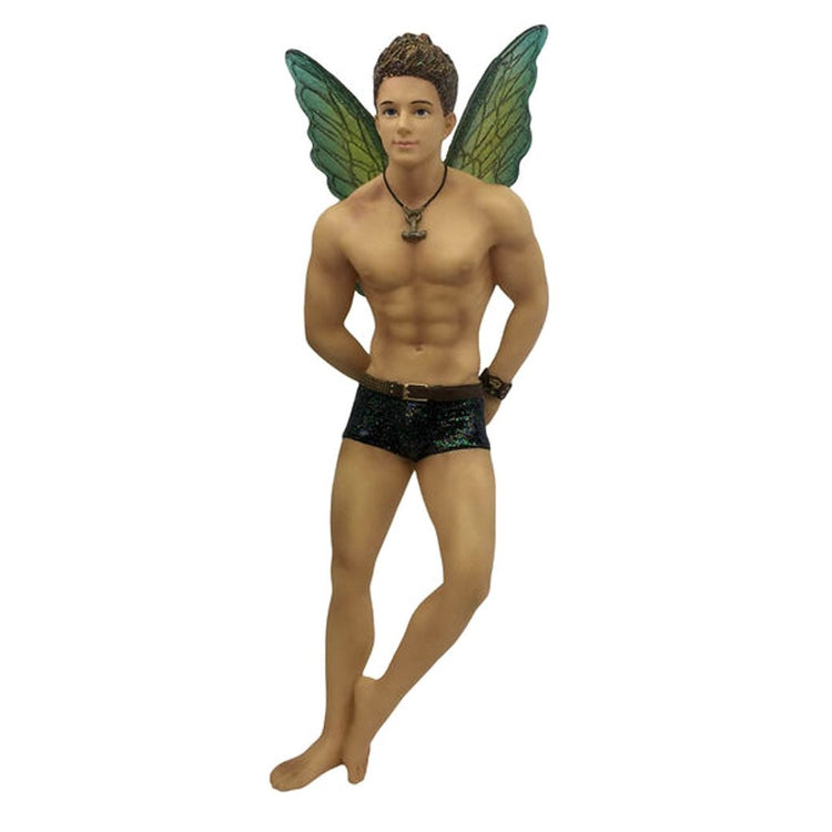 Fairy figurine shaped hanging ornament.  He is leaning back with hands behind. black shorts, armband and necklace.