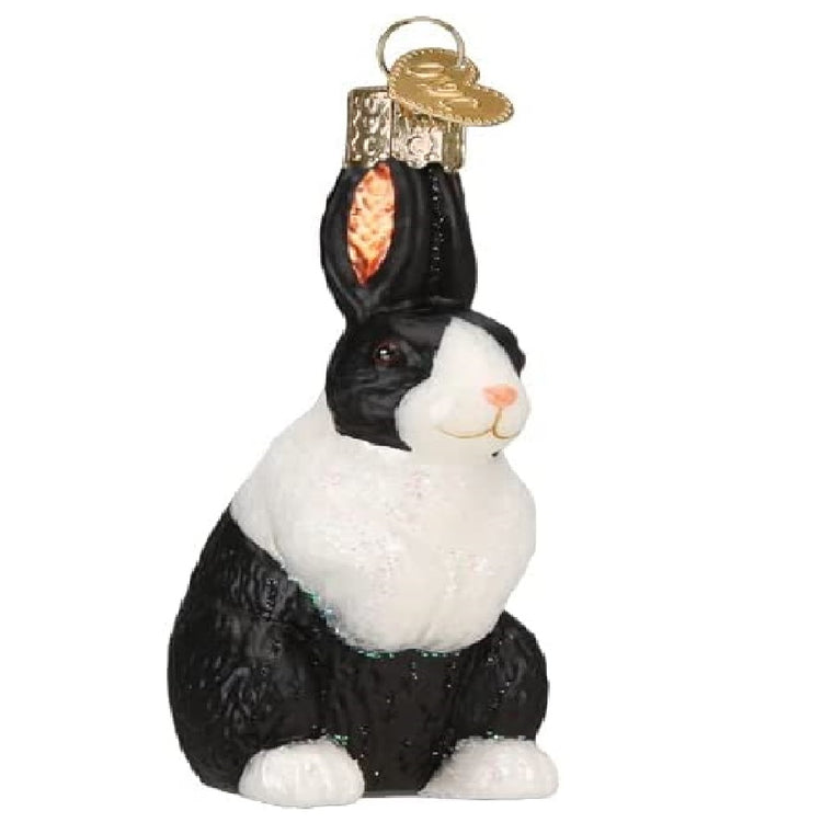 Blown glass black and white dutch rabbit ornament