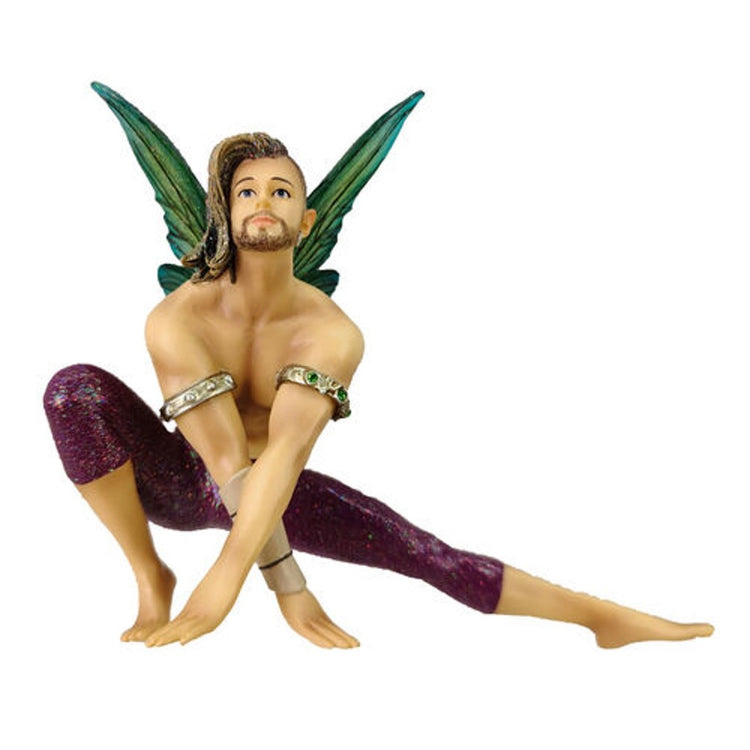 Male fairy in purple pants and gold arm bracelets with green wings.