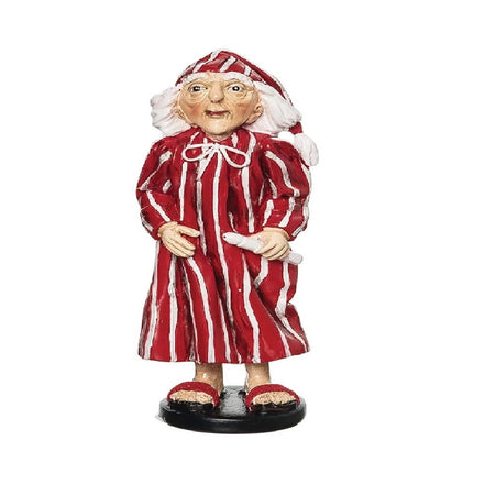resin hand painted ebenezer scrooge figurine, wearing striped red and white night robe and stocking cap.