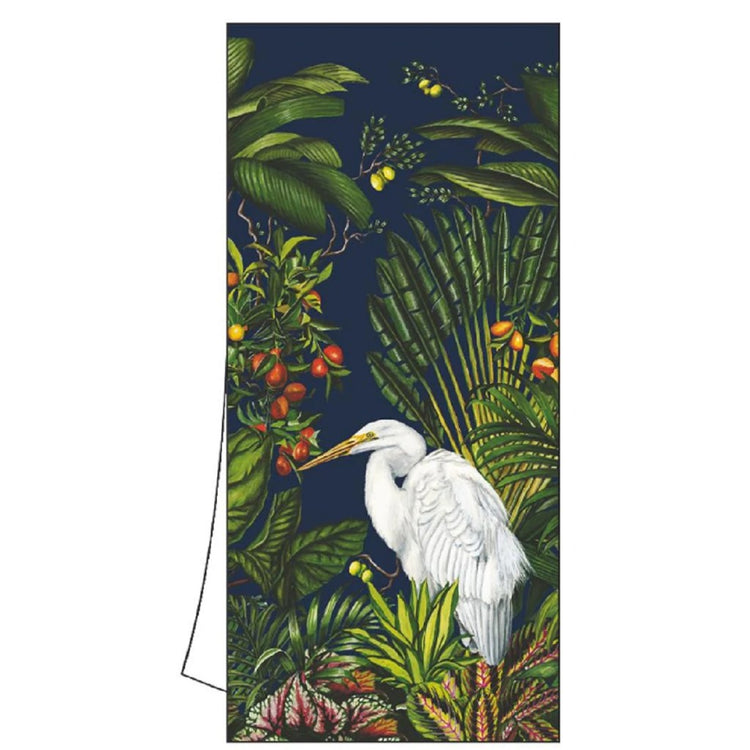 dark blue/black towel with lots of green flora/fauna and white egrit