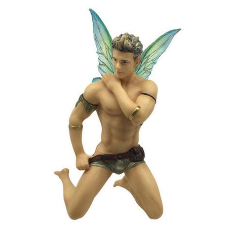 Fairy figurine shaped hanging ornament.   He is kneeling wearing an armband and belt with silver shorts.