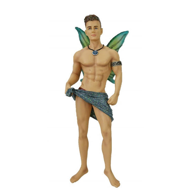 Fairy figurine shaped hanging ornament.  He is wearing a blue scarf and a necklace.