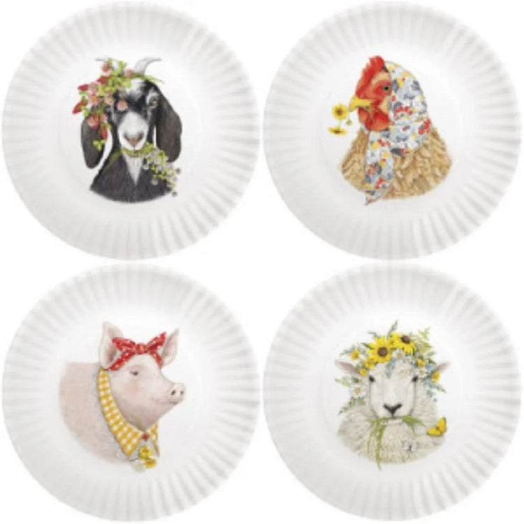 four white melamine plates, designed to look like paper plates. Each plate has a different farm animal image... a goat, a chicken, a pig and a sheep.