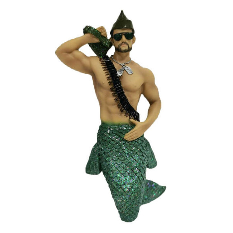 Merman with green tail, sunglasses, dog tags, and other military paraphernalia 