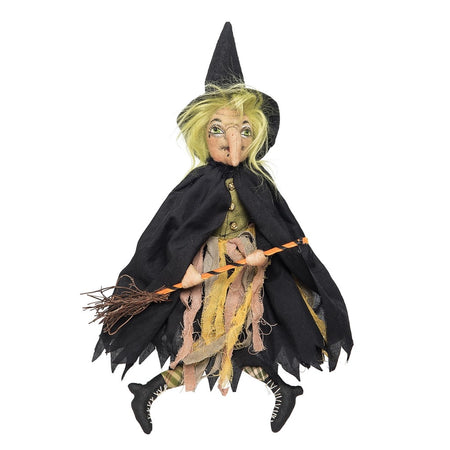 Witch with green hair, broom, cape & hat.