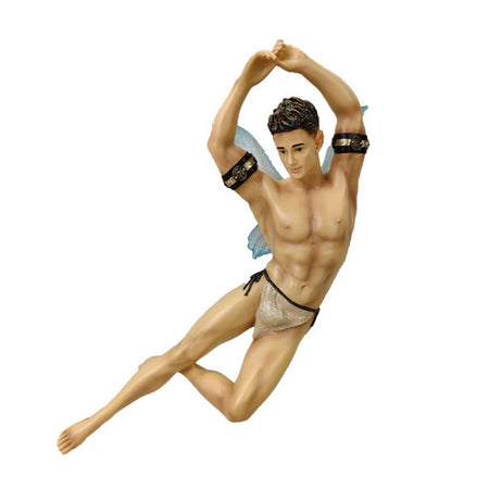 Male fairy with light blue wings, string bikini style bottoms, and leather arm cuffs.