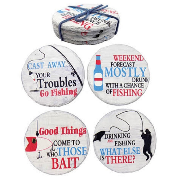 4 round stone coasters tied with a blue ribbon. The coasters are white with blue red and black fishing sayings.