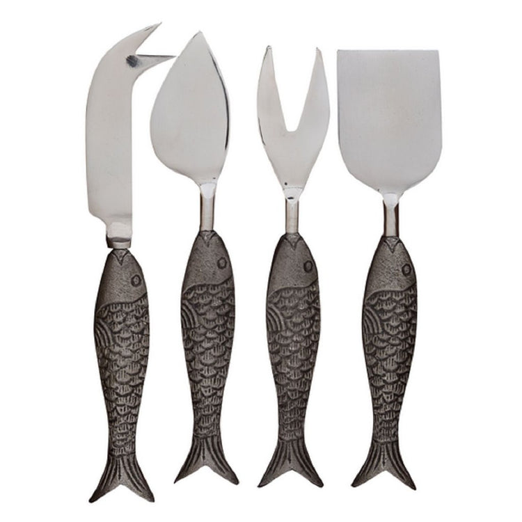 4 cheese spreaders & knives. All of them have a metal dark gray fish shaped handle.