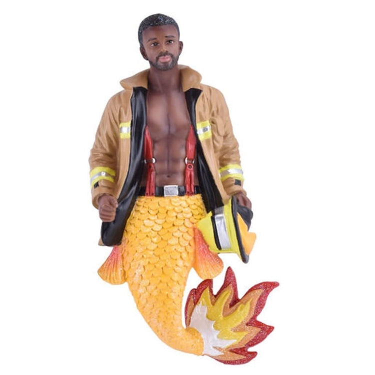 african american merman with firefighter jacket and suspenders, holding a firefighters helmet. His tail is yellow with a flame designed tailfin.