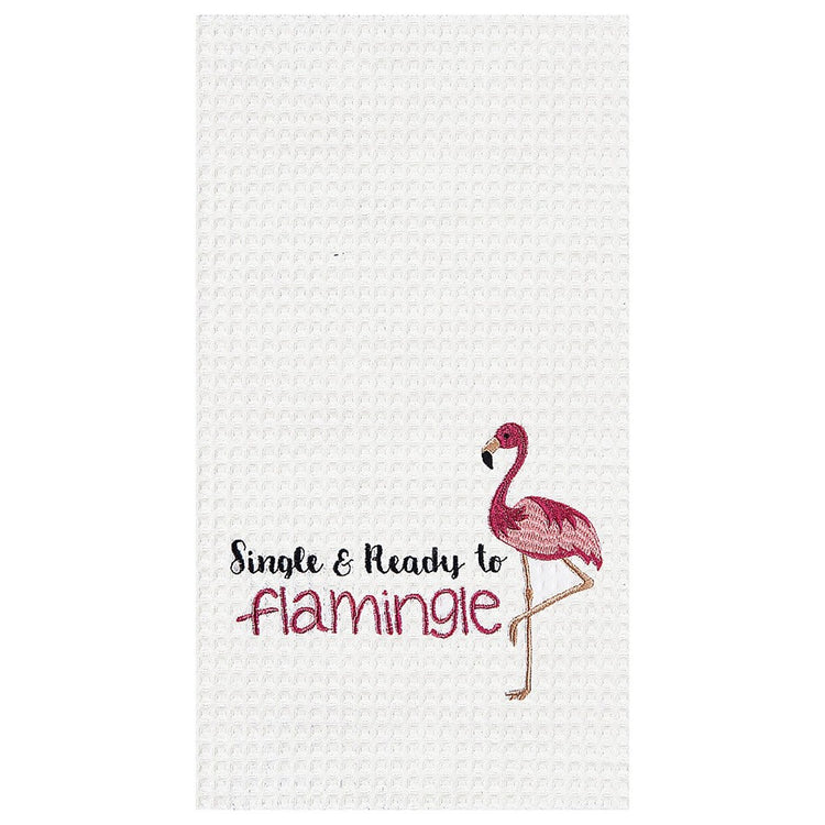 White towel, with Flamingo standing on the right bottom. Text on left "Single & Ready to Flamingle"