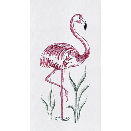 White flour sack kitchen towel embroidered with a pink flamingo.