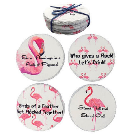 4 round stone coasters tied with a blue ribbon. The coasters are white with pink flamingo designs & black lettered sayings.