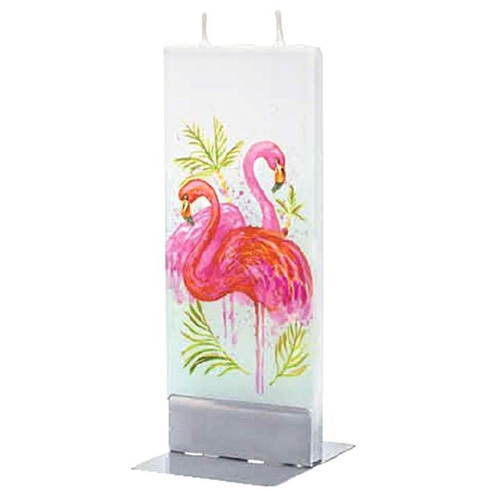 2 pink flamingos with palm fronds on a white candle