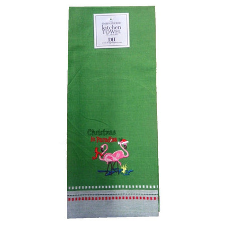 Green dishtowel with embroidered text "Christmas in Paradise" and 2 pink flamingos wearing Santa hats.