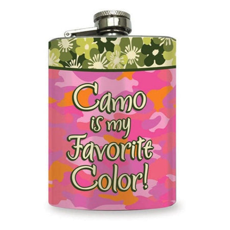 Pink camo colored flask with green floral top band.