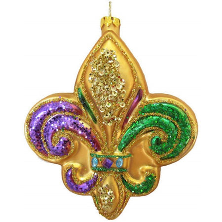 Gold Fleur De Lis shaped blown glass ornament with beads. Green swirl is painted on right side & purple swirl painted on left