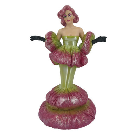 Drag queen figurine with red hair. Wearing green and red full length poofy dress and black gloves.