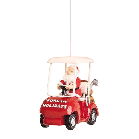 Hanging ornament features Santa driving a red and white golf cart, with the words "Fore the Holidays" written on the front.