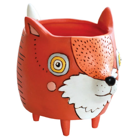 Red and orange round fox face planter pot. Fox has white stripe down its forehead.