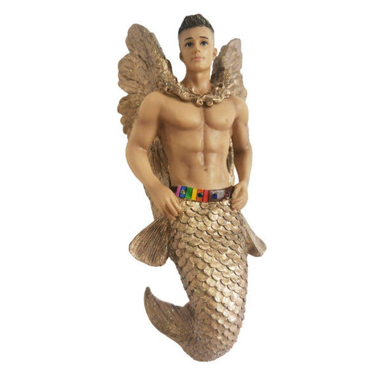 Merman with gold tail, gold collar and wings. he is wearing a rainbow colored belt.