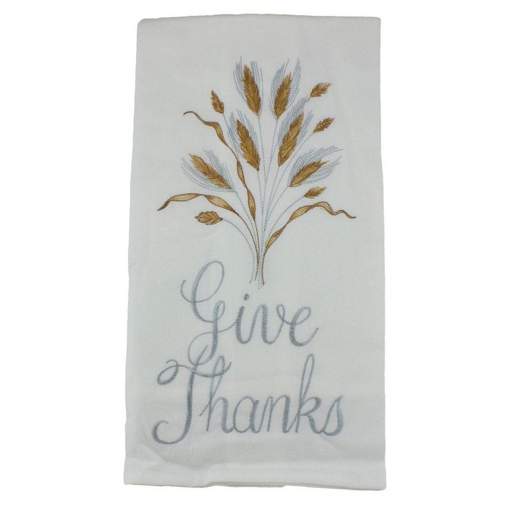 White towel shows silver & gold wheat above text "Give Thanks" in silver