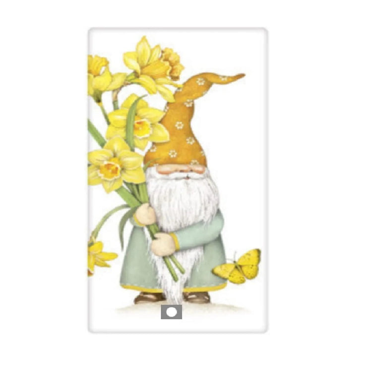 White flour sack towel with garden gnome holding yellow daffodils.