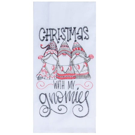 white flour sack towel with three nordic design garden gnomes holding holiday lights, along with the phrase "Christmas with my Gnomies"
