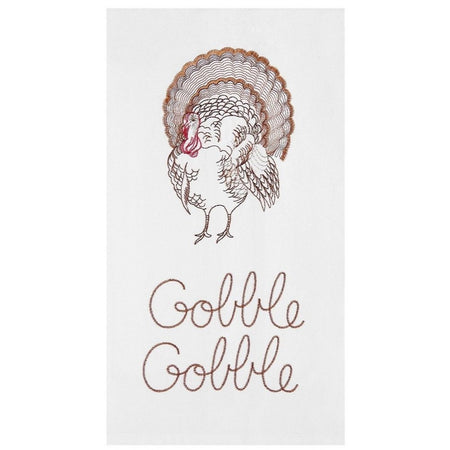 White towel with embroidered turkey facing forward. Turkey outlined in brown with head trimmed in red, Text "Gobble Gobble"