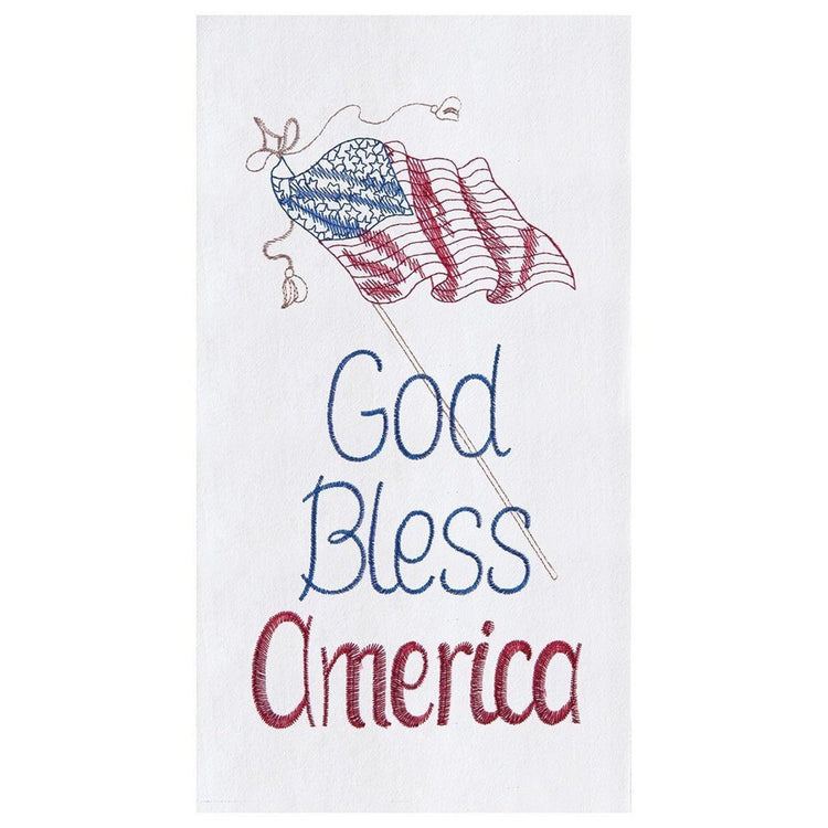 White towel. American flag angled right to left. Blue text "God Bless" Red text "America" Flag outlined in gold, blue & red.