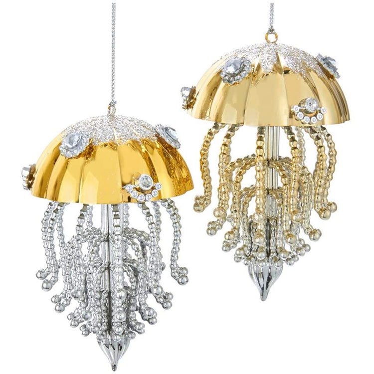 2 hanging jellyfish ornaments. Both have gold body. Legs on 1st are silver, gold on 2nd. Rhinestone accents on entirety.