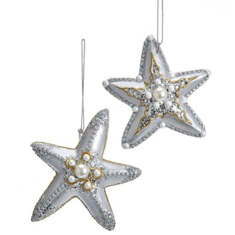 2 coordinating silver and gold starfish figurine ornaments on silver cord.  Embellished with glitter and beads.