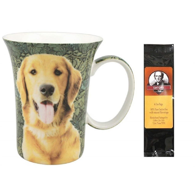 Coffee mug with loop handle. Tea pack, Text "Earl Grey Tea". Cup has golden retriever with mouth open with green leaf pattern