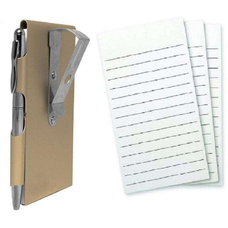 Rectangle shaped visor notepad with attached pen & package of line paper.  Gold