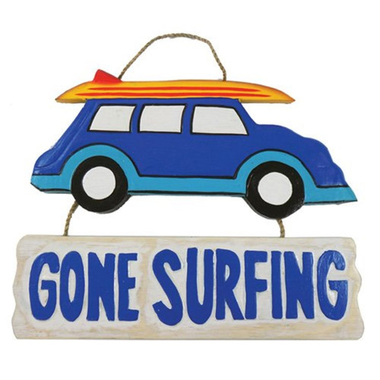 Painted wood car with surfboard on roof. 2nd wood piece hangs under car with text "Gone Surfing"