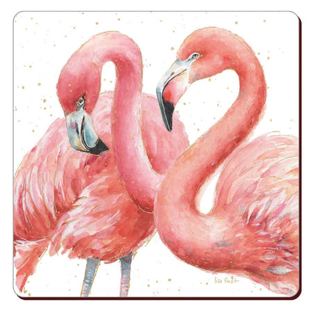 Cork backed coaster showing 2 pink flamingos on a white background.