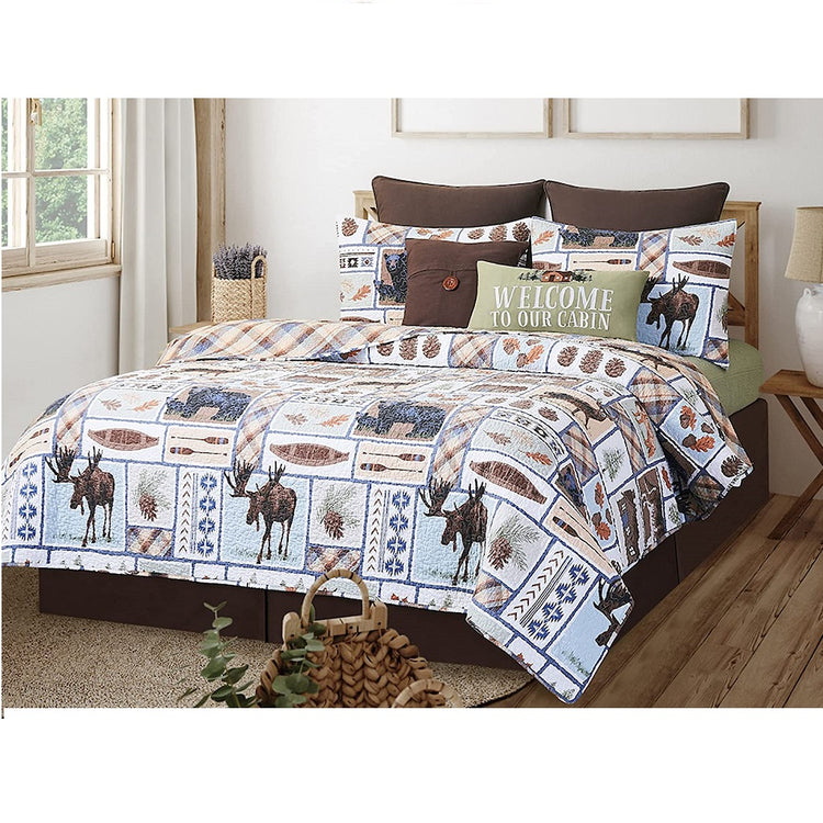 Photo shows a bedroom set but this listing is for a quilt and 2 shams. They both match adn show a square pattern of moose, pinecones, canoe, paddles and crosshatch pattern. All in brlwns with a light blue accent.