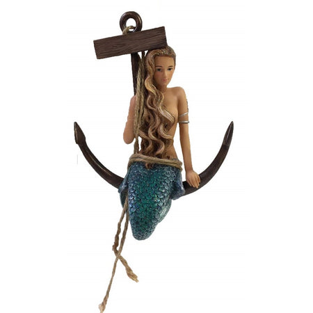 Mermaid shaped figurine hanging ornament.  Blue tail sitting on an anchor, long hair.