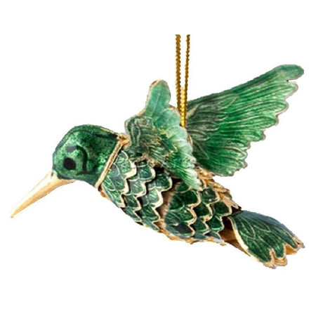 Flying hummingbird shaped hanging Christmas ornament in shades of green with metal accents.
