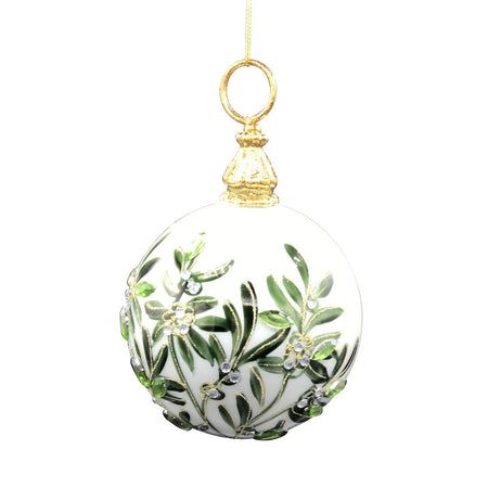 Ball shaped Christmas ornament with greenery and clear beads.