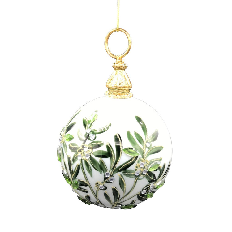 Ball shaped Christmas ornament with greenery and clear beads.