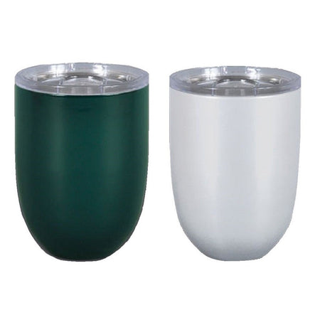 2 Stemless wine glasses with clear top.   Hunter green and pearl.