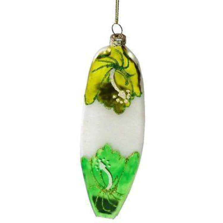 Glass surfboard upright with gold color plating on top third, white in the middle & green plating on bottom. hanger is on top