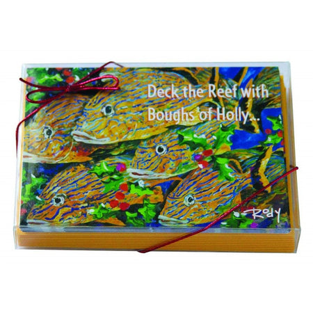 Boxed Christmas cards showing a school of colorful fish and text "Dec the Reef with Boughs of Holly...".