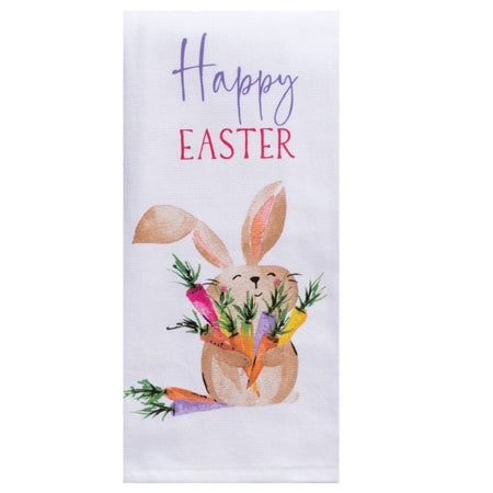 White towel with a print of a brown bunny holding multicolor carrots along with the phrase "Happy Easter"