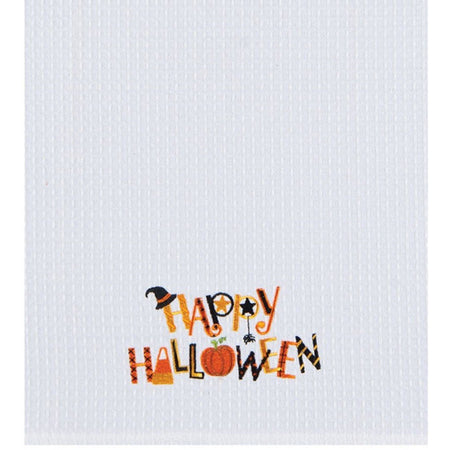 White towel with text "Happy Halloween" Lettering is mixed shaped in black, orange & gold colors.