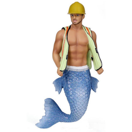 Merman figurine ornament.  Dressed as a construction worker in hard hat and vest.