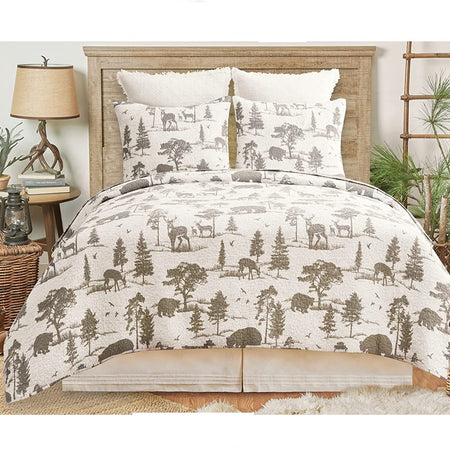 PHoto shows a bedroom set but this listing is for a queen quilt and 2 matching shams.  Features forest animals, pine trees, and shrubs silhouettes